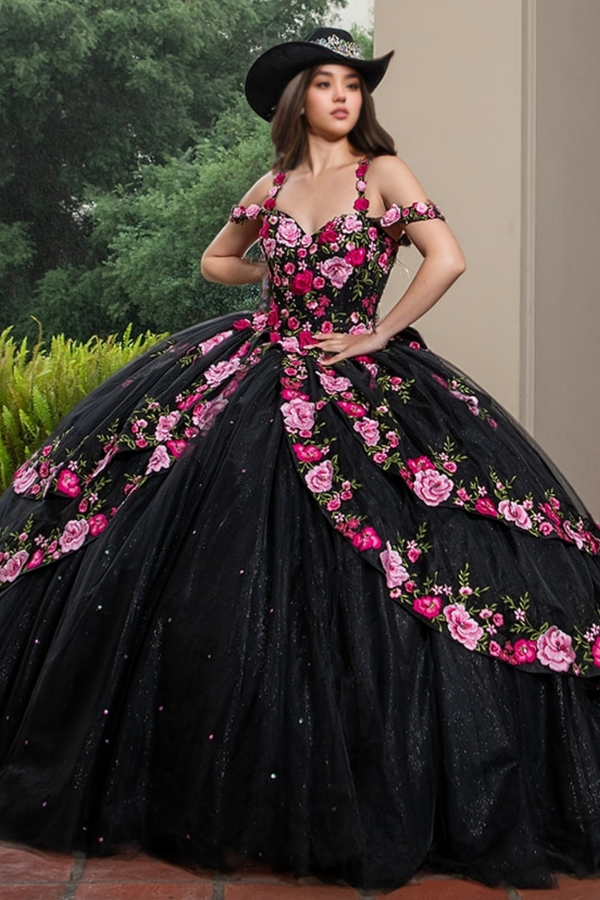 Off Shoulder Spaghetti Straps Sleeveless 3D Flower Appliques Tiered Bow Knot Black Quinceañera Dress WQ1751