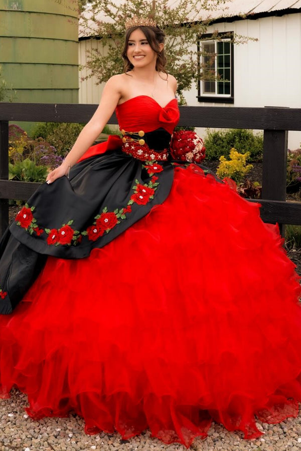 Strapless Sleeveless Flower Appliques Ruffles Tiered Bow Knot Red Quinceañera Dress WQ1752