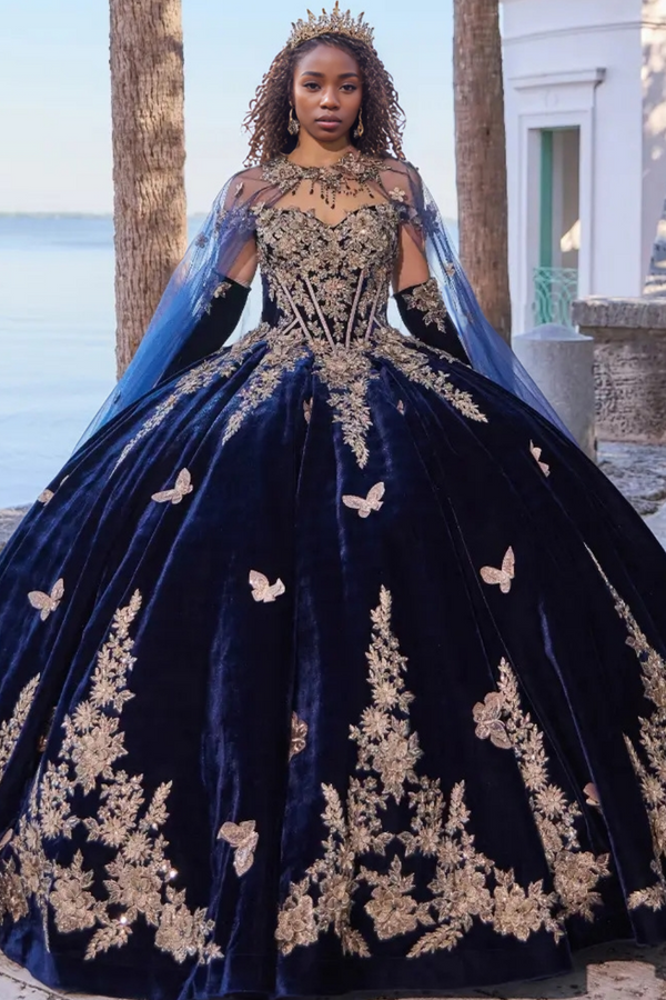Off Shoulder Sleeveless Sequins Butterfly Appliques Navy Velvet Quinceañera Dress WQ1753