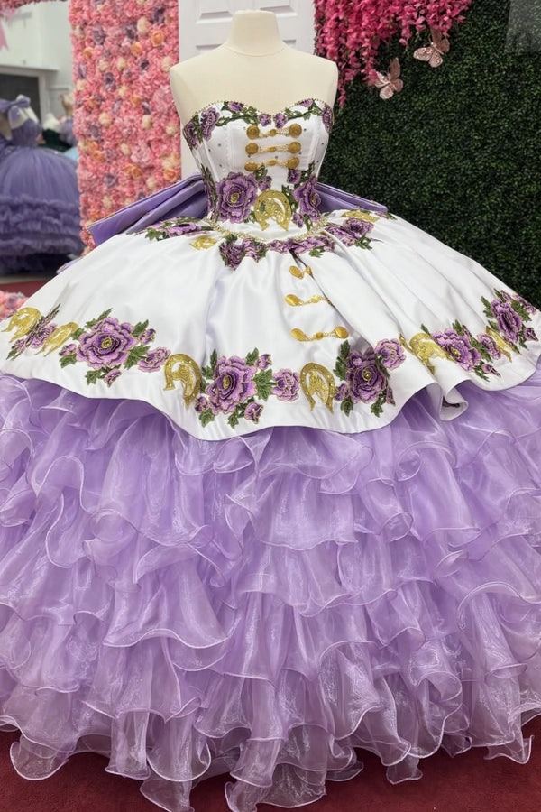 Strapless Sleeveless Appliques Bow Knot Ruffles Tiered Lilac Sweet 15 Quinceañera Dress WQ1755