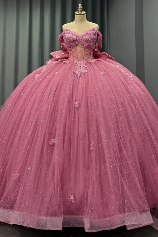Off Shoulder Sleeveless Beaded Sequins Appliques Bow Knot Pink Sweet 15 Quinceañera Dress WQ1756