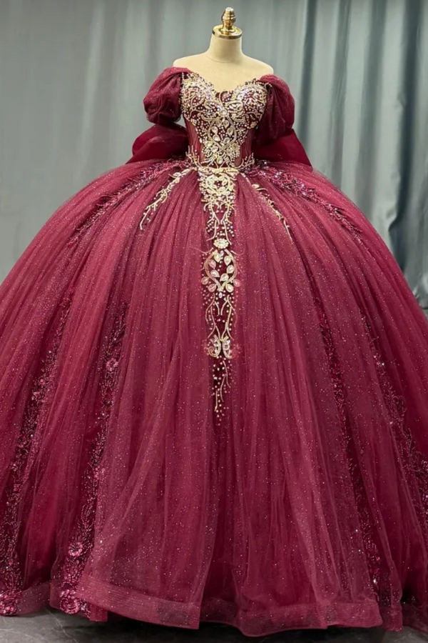 Off Shoulder Sleeveless Gold Sequins Beaded Bow Knot Burgundy Sweet 15 Quinceañera Dress WQ1757