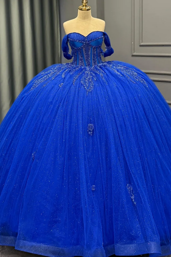 Off Shoulder Sleeveless Beaded Sequins Appliques Royal Blue Sweet 15 Quinceañera Dress WQ1758