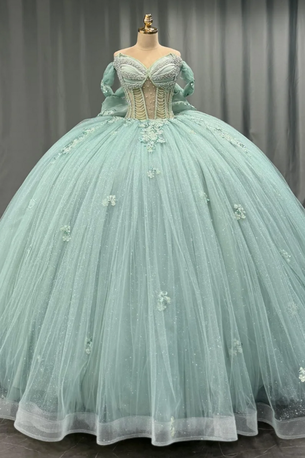 Off Shoulder Sleeveless Beaded Sequins Appliques Bow Knot Mint Green Sweet 15 Quinceañera Dress WQ1759