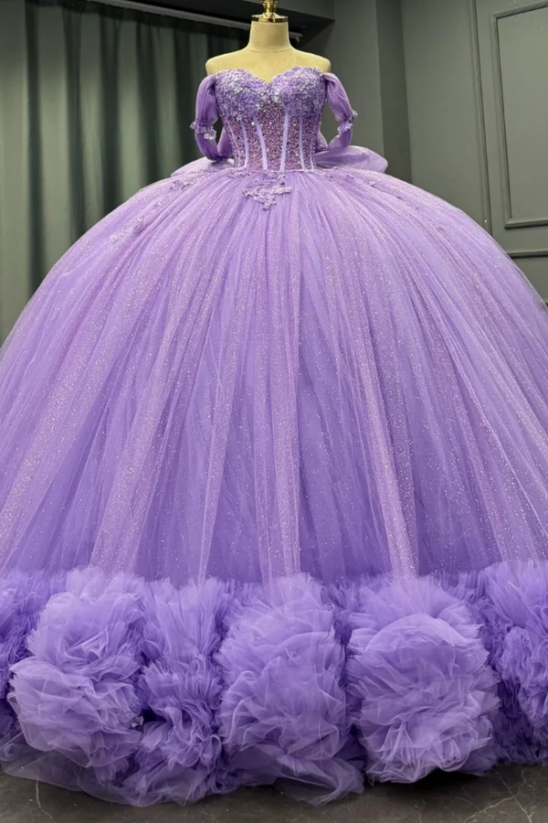 Off Shoulder Sleeveless Beaded Sequins Appliques Tiered Bow Knot Lilac Sweet 15 Quinceañera Dress WQ1760