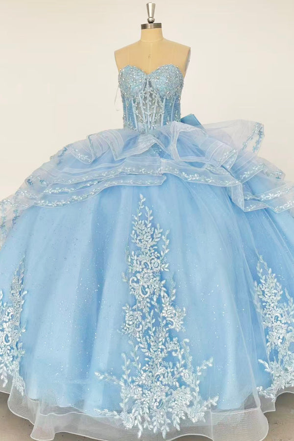 Strapless Sleeveless Beaded Appliques Ruffles Tiered Bow Knot Blue Sweet 15 Quinceañera Dress WQ1761