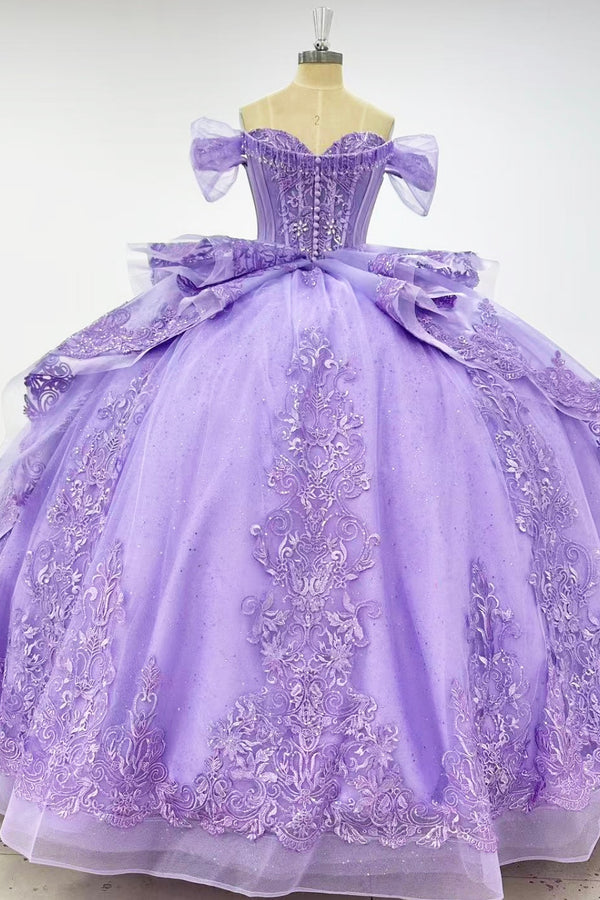 Off Shoulder Sleeveless Two Piece Beaded Sequins Appliques Ruffles Lilac Sweet 15 Quinceañera Dress WQ1762