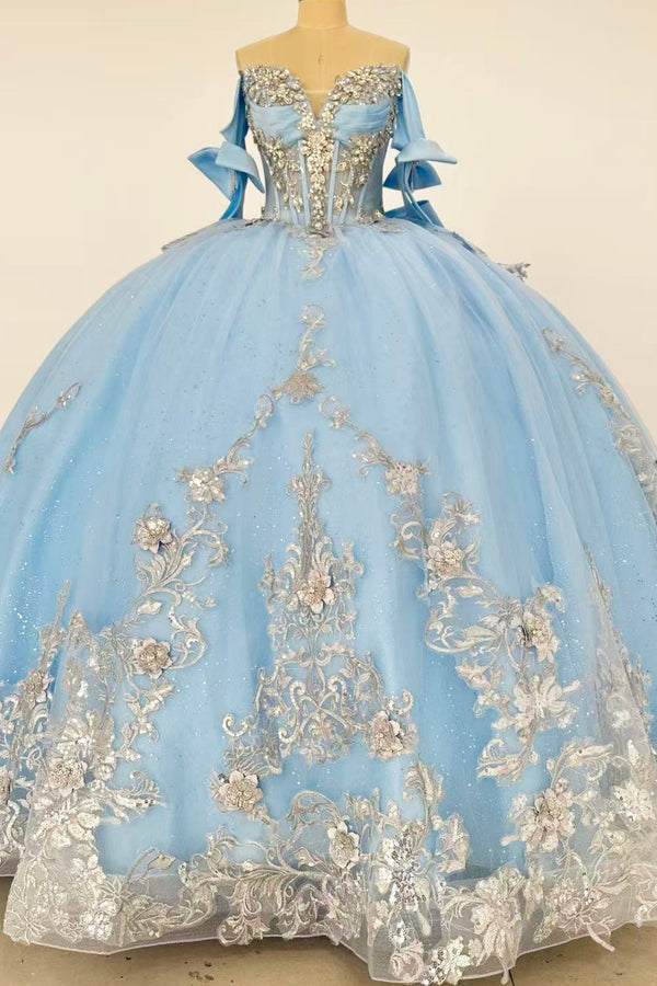 Off Shoulder Sleeveless Beaded Bow Knot Sliver Appliques Blue Sweet 15 Quinceañera Dress WQ1763