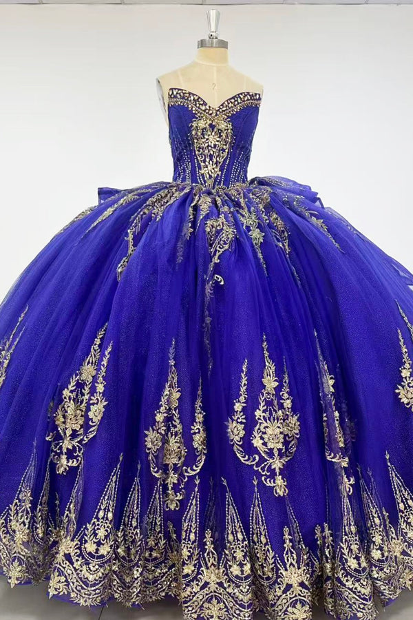 Strapless Sleeveless Gold Sequins Appliques Ruffles Tiered Dark Purple Sweet 15 Quinceañera Dress WQ1764