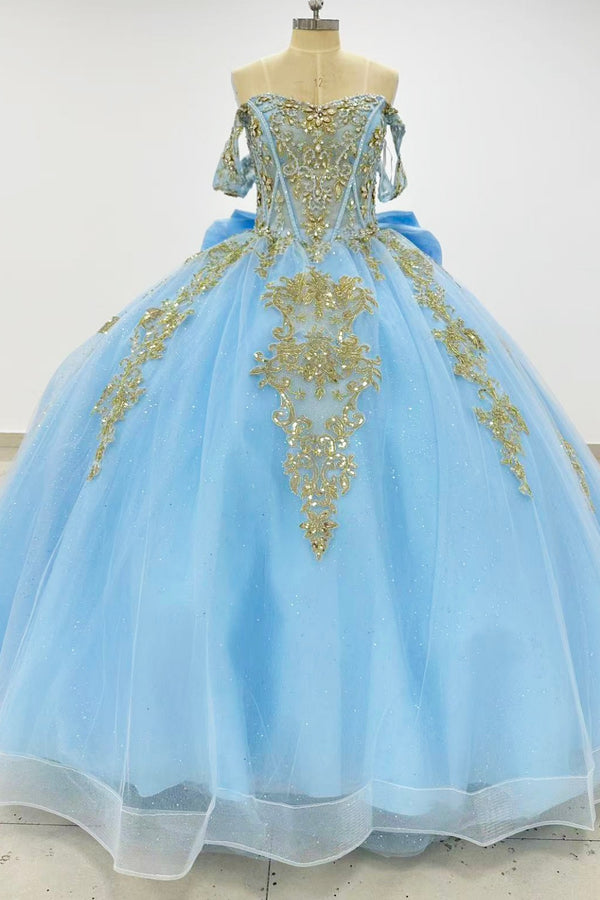 Off Shoulder Sleeveless Beaded Gold Sequins Appliques Ruffles Bow Knot Blue Quinceañera Dress WQ1765