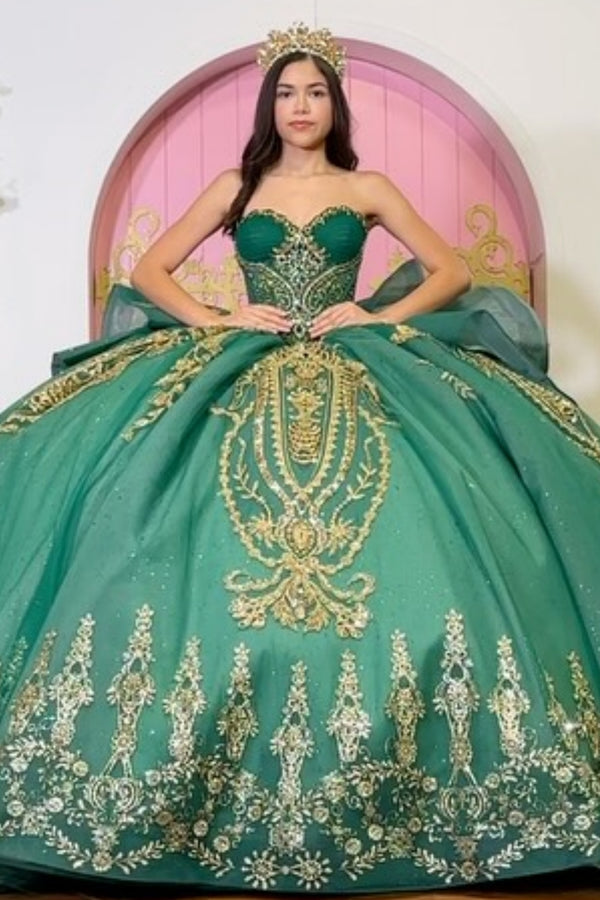 Off Shoulder Sleeveless Beaded Gold Sequins Appliques Ruffles Dark Green Sweet 15 Quinceañera Dress WQ1767