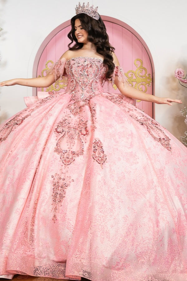 Off Shoulder Sleeveless Beaded Sequins Ruffles Pink Sweet 15 Quinceañera Dress WQ1768