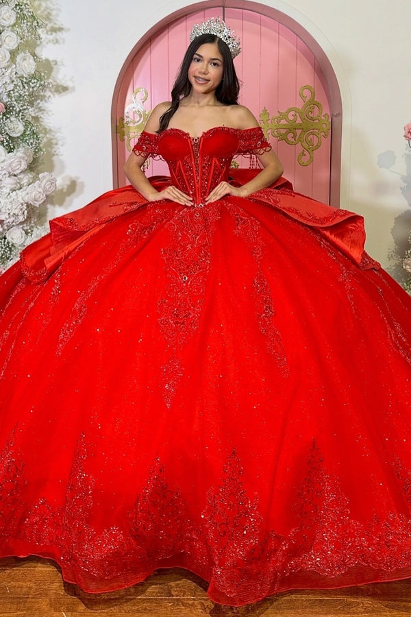 Off Shoulder Sleeveless Beaded Sequins Appliques Ruffles Red Sweet 15 Quinceañera Dress WQ1769