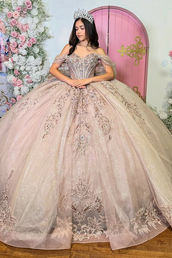 Strapless Sleeveless Beaded Crystal Sequins Appliques Bow Knot Champagne Sweet 15 Quinceañera Dress WQ1770