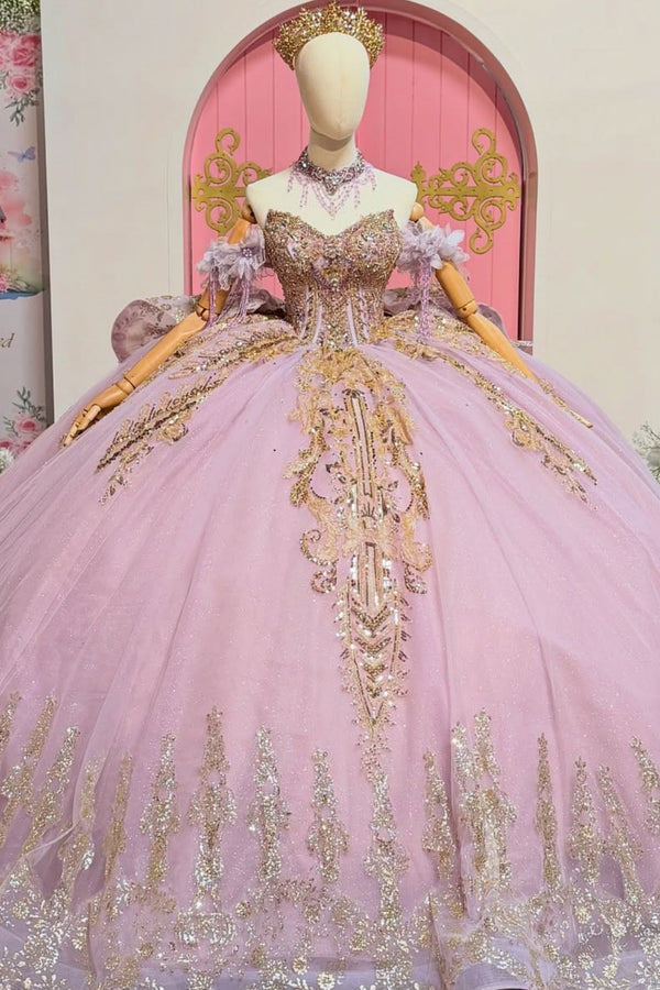 Off Shoulder Sleeveless Beaded Sequins Appliques Ruffles Tiered Lilac Sweet 15 Quinceañera Dress WQ1771