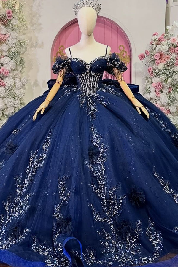 Off Shoulder Spaghetti Straps Sleeveless Beaded Appliques Bow Knot Ruffles Navy Quinceañera Dress WQ1772