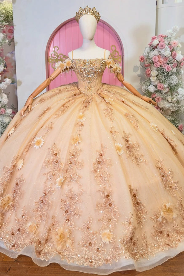 Off Shoulder Spaghetti Straps Sleeveless Beaded 3D Flower Appliques Gold Sweet 15 Quinceañera Dress WQ1773