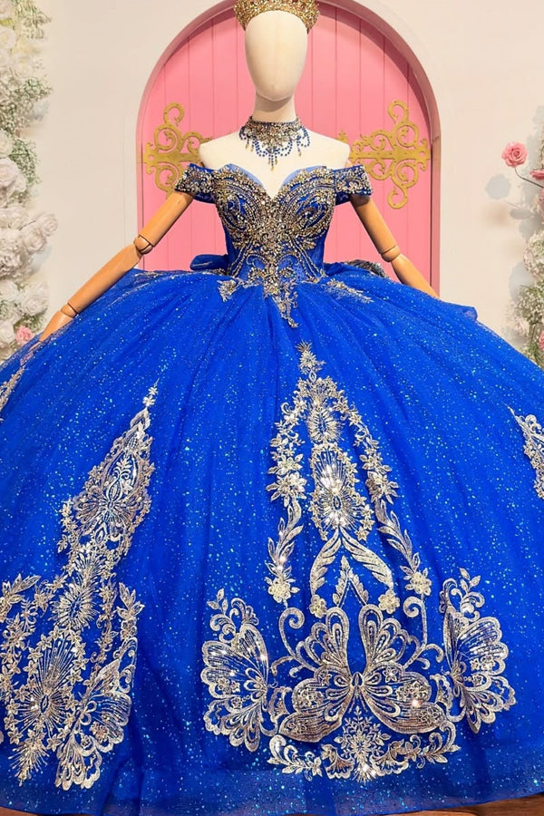 Off Shoulder Sleeveless Beaded Sequins Appliques Ruffles Royal Blue Sweet 15 Quinceañera Dress WQ1774