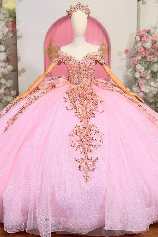 Off Shoulder Sleeveless Beaded Sequins Appliques Bow Knot Pink Sweet 15 Quinceañera Dress WQ1775