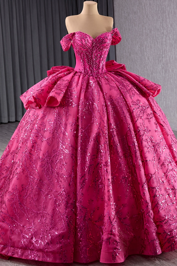 Off Shoulder Sleeveless Beaded Sequins Appliques Ruffles Bow Knot Pink Sweet 15 Quinceañera Dress WQ1776