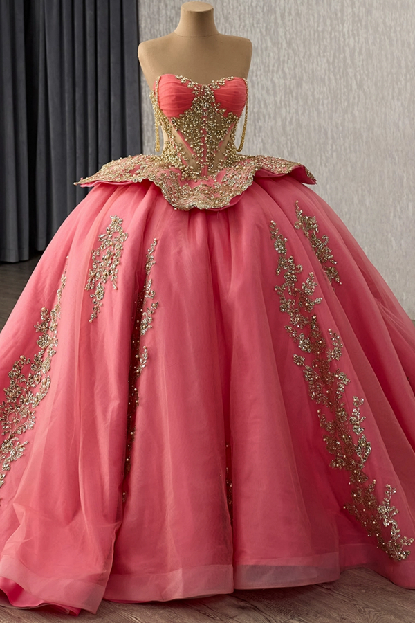 Off Shoulder Sleeveless Beaded Sequins Appliques Ruffles Pink Sweet 15 Quinceañera Dress WQ1777