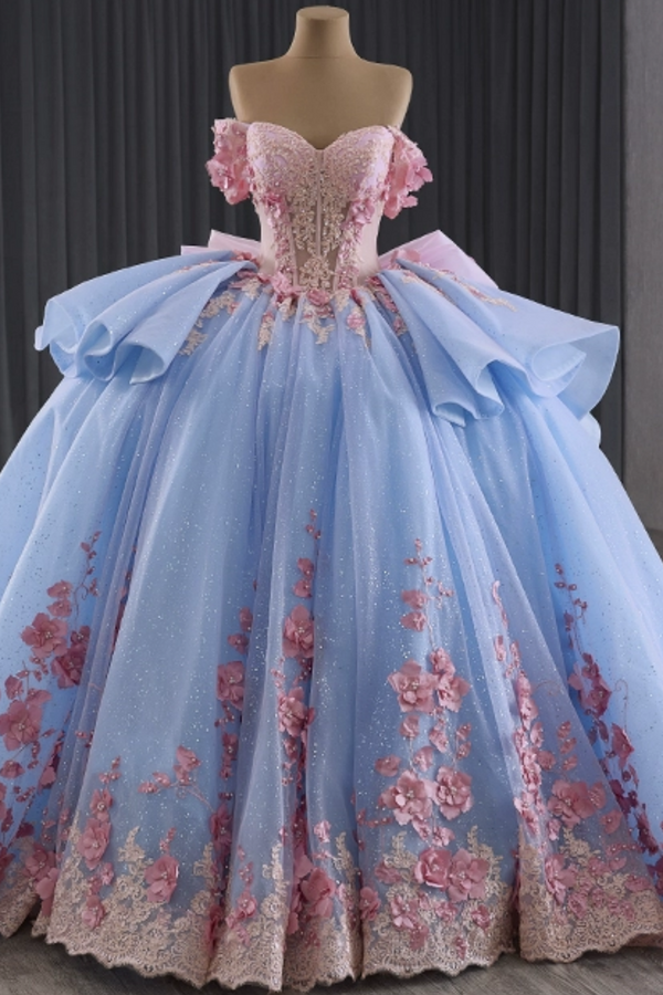 Off Shoulder Sleeveless Beaded 3D Flower Appliques Ruffles Bow Knot Sweet 15 Quinceañera Dress WQ1778