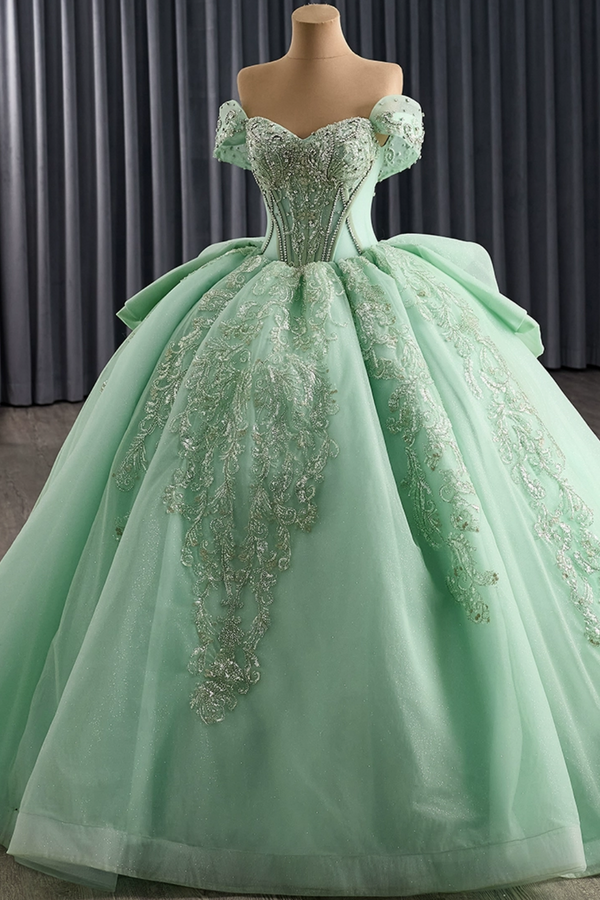 Off Shoulder Sleeveless Beaded Appliques Ruffles Bow Knot Green Sweet 15 Quinceañera Dress WQ1779