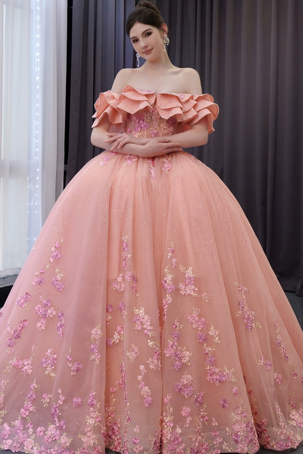 Off Shoulder Sleeveless Beaded Sequins Appliques Ruffles Pink Sweet 15 Quinceañera Dress WQ1780
