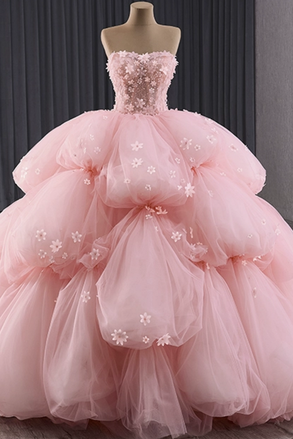 Strapless Sleeveless 3D Flower Appliques Ruched Pink Sweet 15 Quinceañera Dress WQ1781