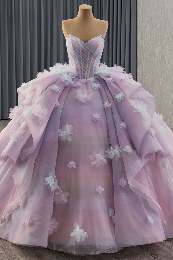 Off Shoulder Sleeveless 3D Flower Ruffles Lilac Sweet 15 Quinceañera Dress WQ1782