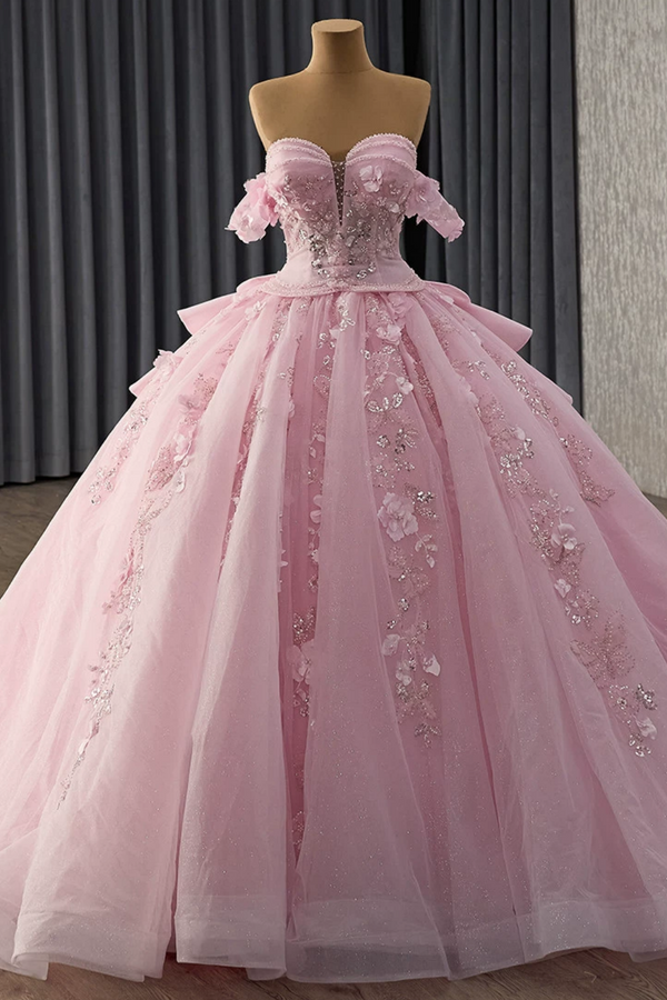 Off Shoulder Sleeveless Beaded Sequins 3D Flower Appliques Ruffles Pink Sweet 15 Quinceañera Dress WQ1783