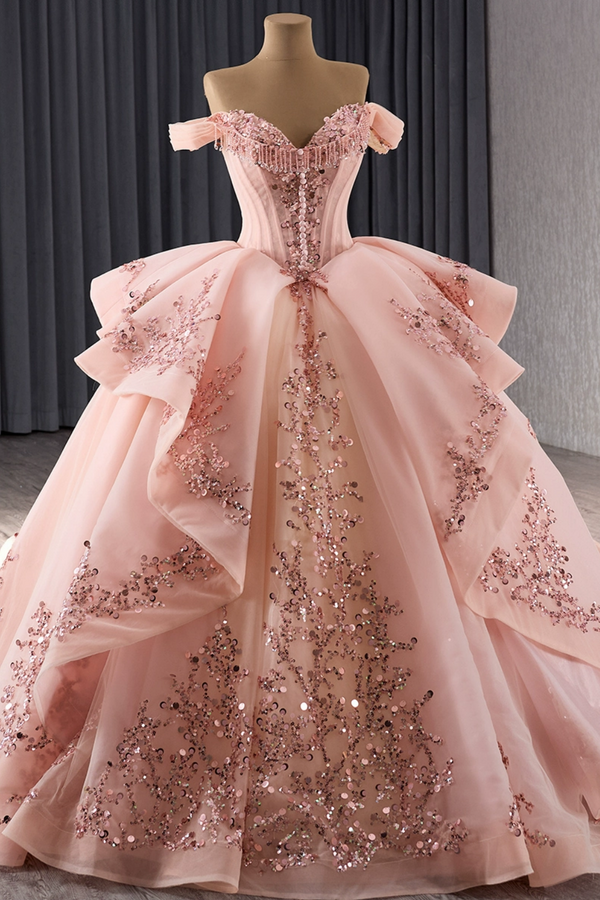 Off Shoulder Sleeveless Two Piece Sequins Appliques Ruffles Sweet 15 Quinceañera Dress WQ1784