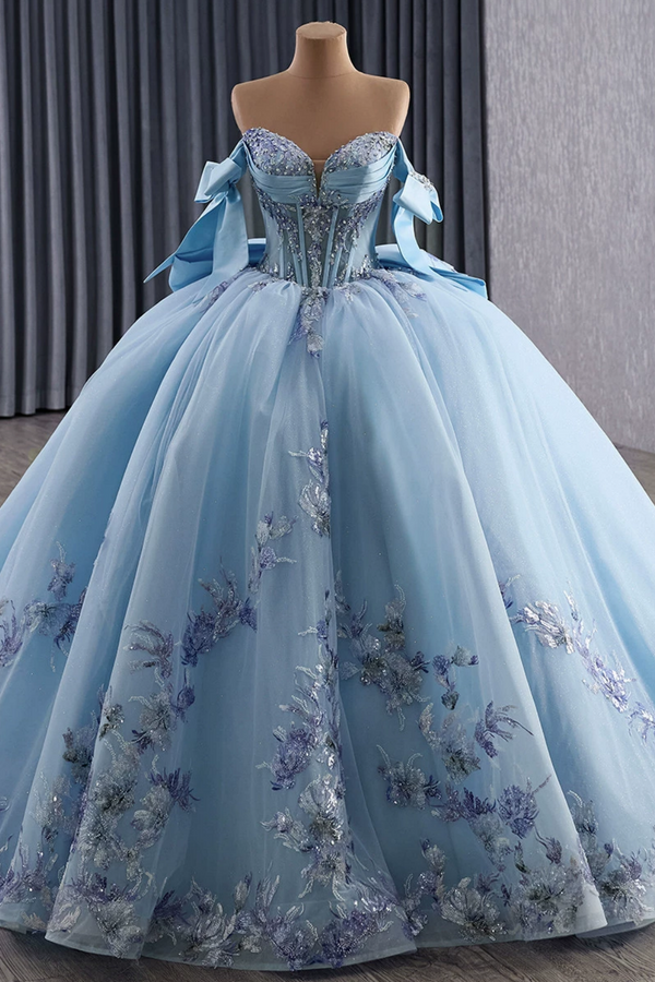 Off Shoulder Sleeveless Beaded Sequins Appliques Bow Knot Blue Sweet 15 Quinceañera Dress WQ1785