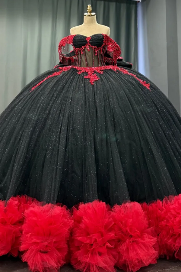 black and red quinceanera dresses Sparkly Black Red Ball Gown Wedding Dress Lace Appliqued Quinceanera Gown Custom Colors / 24W main image 1