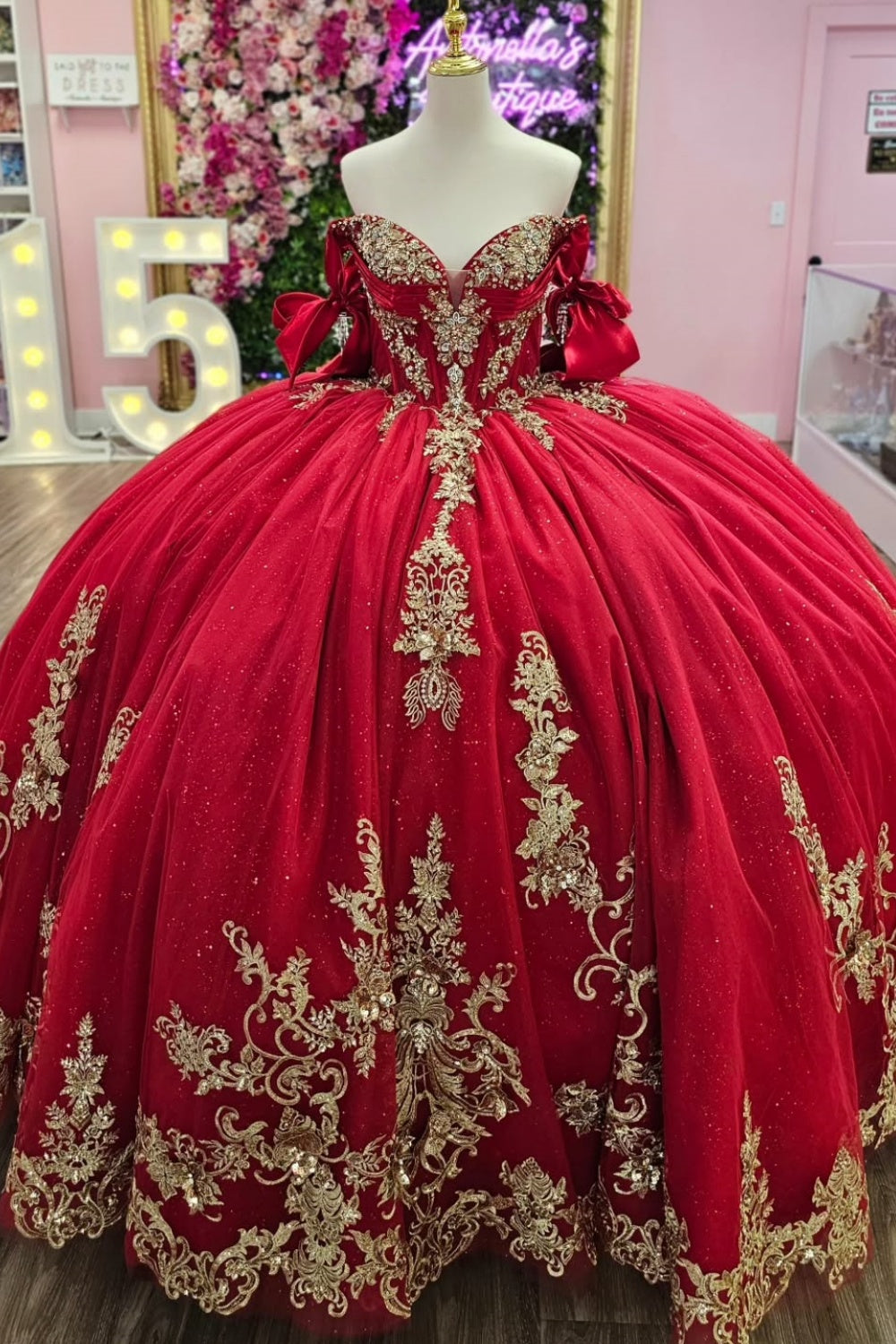 Off Shoulder Sleeveless Beaded Bow Knot Gold Appliques Red Sweet 15 Quinceañera Dress WQ1807 As Pic / 12
