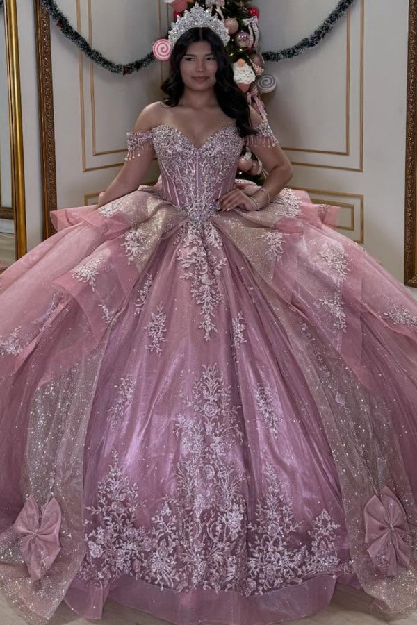 Off Shoulder Sleeveless Beaded Appliques Ruffles Bow Knot Pink Sweet 15 Quinceañera Dress WQ1725