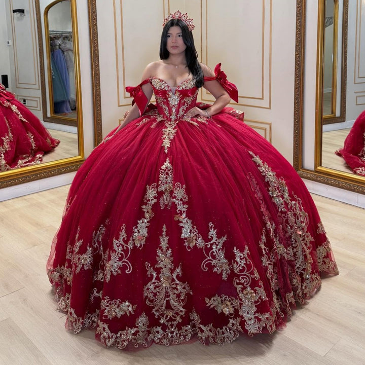 Off Shoulder Sleeveless Beaded Appliques Burgundy Sweet 15 Quinceañera – WADAYUYU Dresses