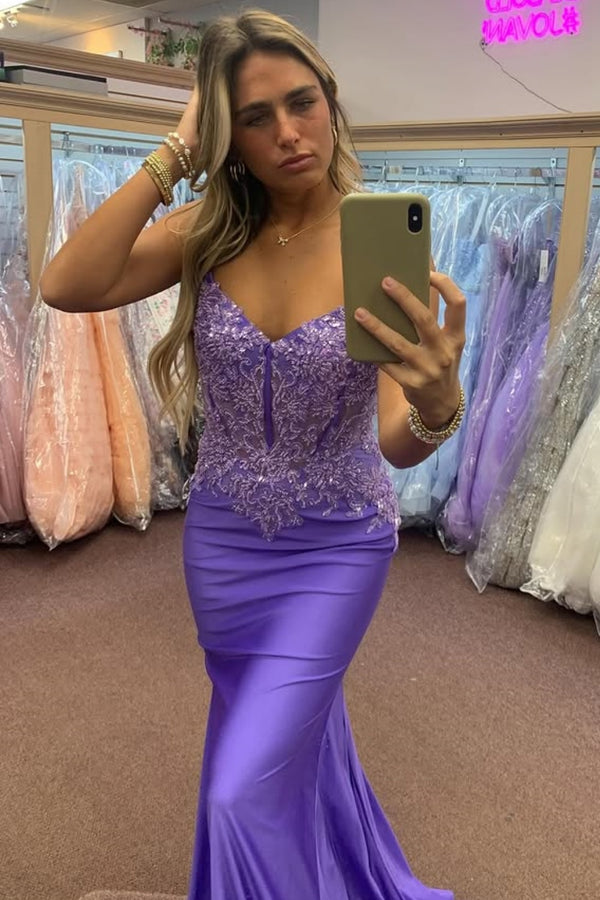 Mermaid V Neck Spaghetti Sytaps Sleeveless Beaded Sequins Appliques Open Back Prom Dress WU1521