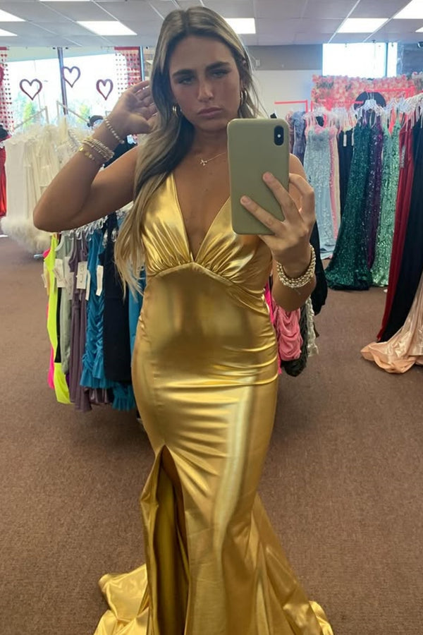 Mermaid Low V Neck Halter Sleeveless Pleated Open Back Side Slit Prom Dress WU1522