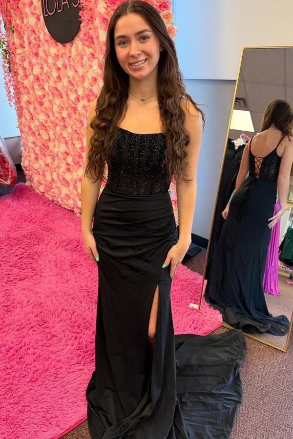 Sheath Boat Neck Sleeveless Beaded Sequins High Side Slit and Train Prom Dress WU1523