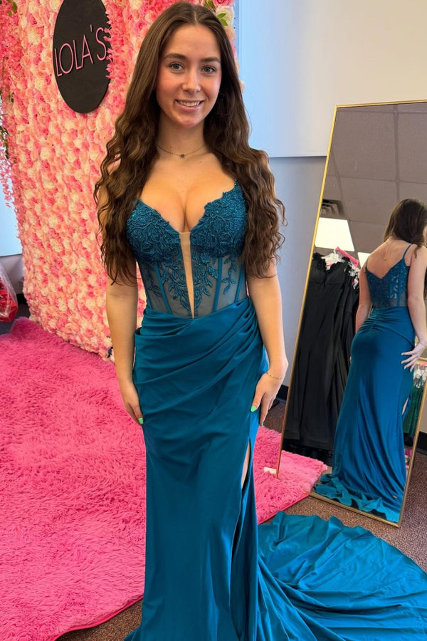 Sheath V Neck Sleeveless Pleated Appliques High Side Slit and Train Prom Dress WU1524