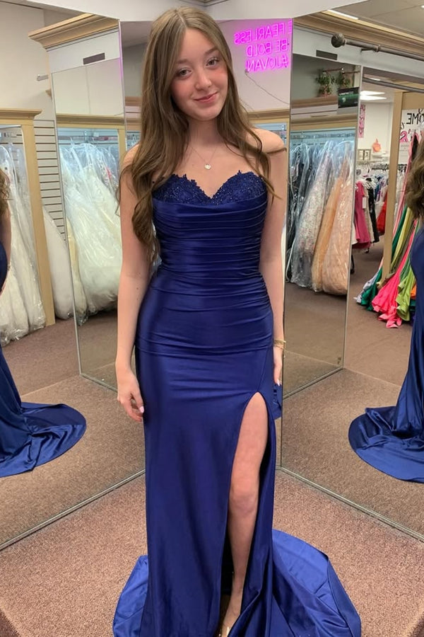 Shetah Strapless Sleeveless Appliques Ruched High Side Slit and Train Prom Dress WU1525