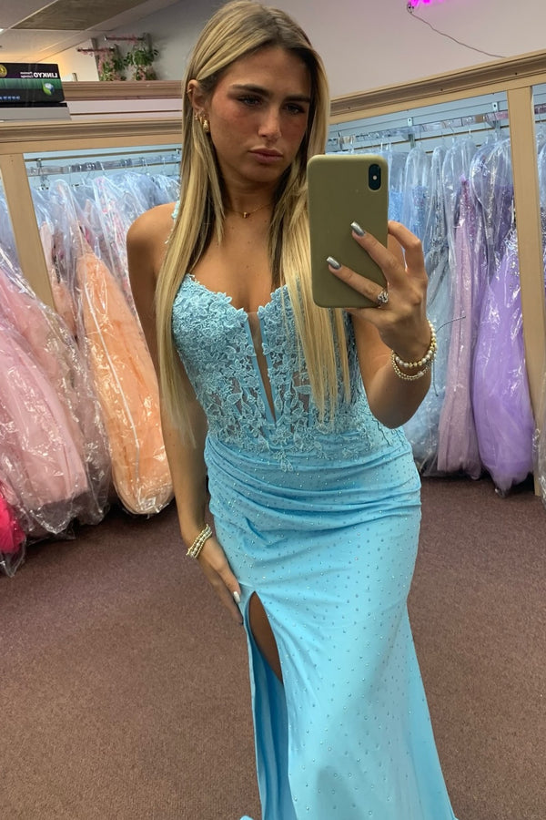 Sheath V Neck Spaghetti Straps Sleeveless Appliques High Side Slit and Train Prom Dress WU1527