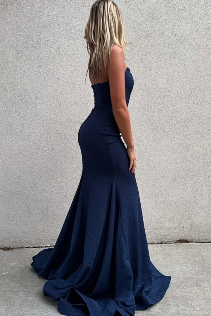 Sheath V Neck Sleeveless Glitter Dark Navy High Side Slit and Train Pr WADAYUYU Dresses Sheath V Neck Sleeveless Glitter Dark Navy High Side Slit and Train Pr WADAYUYU Dresses