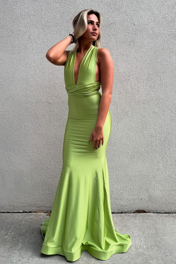 Mermaid Low V Neck Halter Sleeveless Pleated Open Back Prom Party Dress WU1530