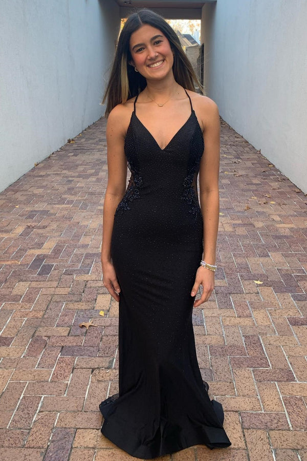 Mermaid V Neck Spaghetti Straps Sleeveless Appliques Sequins Prom Party Dress WU1532