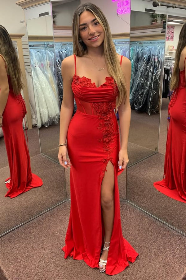 Sheath Strapless Spaghetti Straps Appliques High Side Slit and Train Prom Dress WU1534