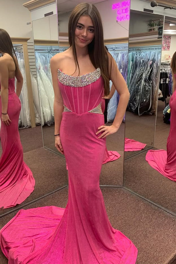 Mermaid Boat Neck Sleeveless Pleated Beaded Glitter Prom Dress WU1535
