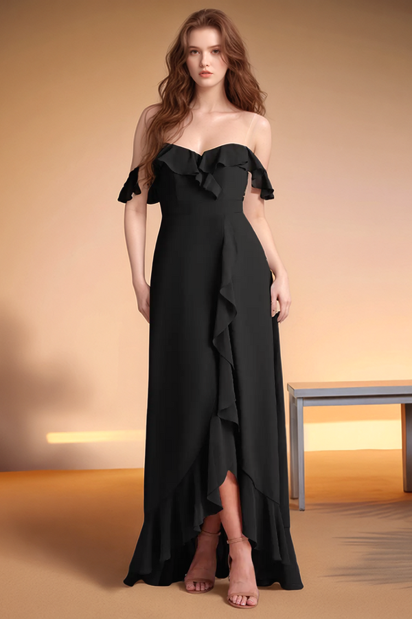 A-Line Off Shoulder Sleeveless Ruffles Chifffon Bridesmaid Dress WB1004