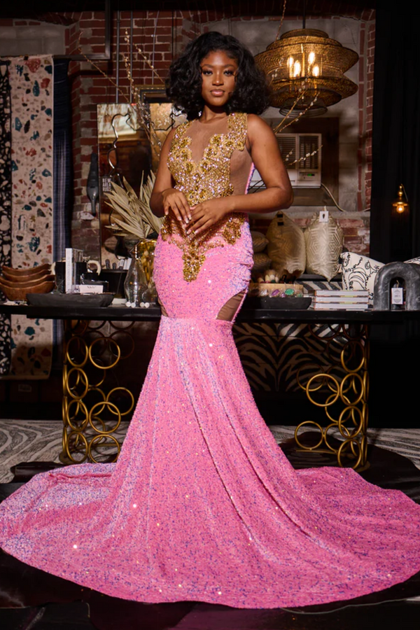 Mermaid V Neck Straps Sleeveless Gold Beaded Pink Velvet Sequins Prom Dress WU1544